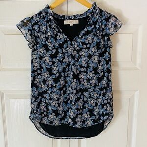 LOFT Navy Floral Ruffle Sleeve Blouse